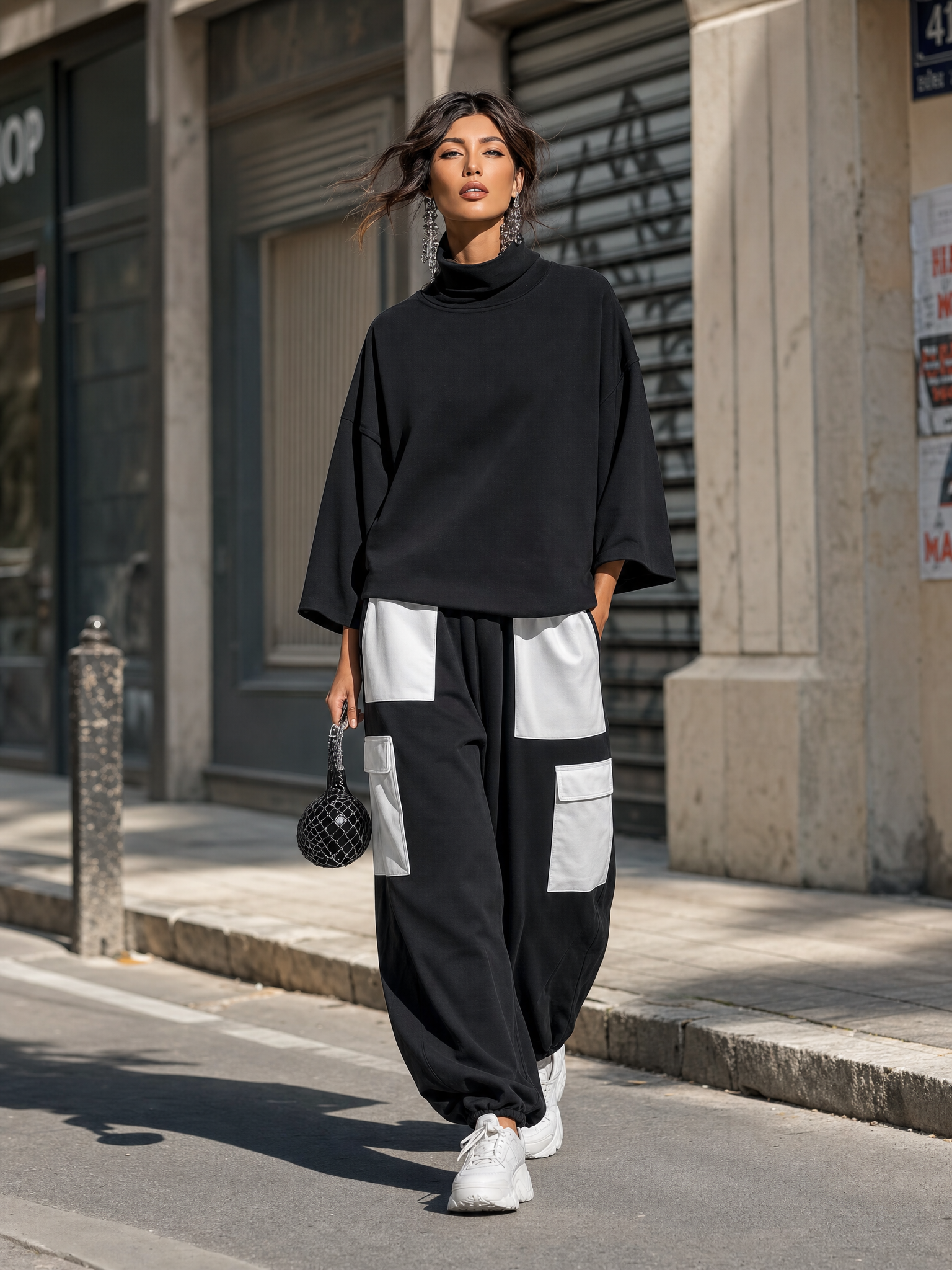Women’s Black Cotton Knit Oversized High Neck 3/4 Sleeve Sweatshirt & Elastic Cuff Color Block White Patch Pocket Jogger Cargo Pants Two Piece Tracksuit Set