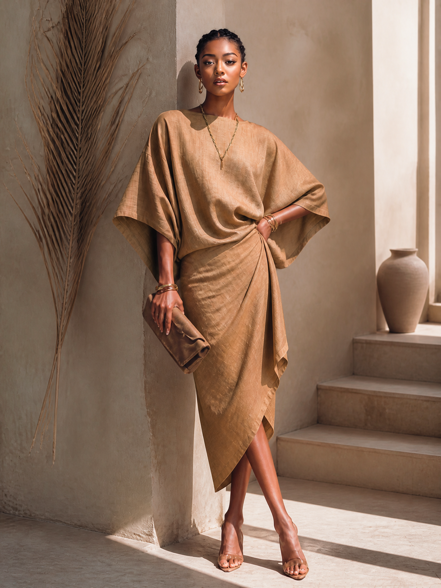 Women's Modern Minimalist Khaki Linen Blend Draped Asymmetric Short Sleeve Midi Dress