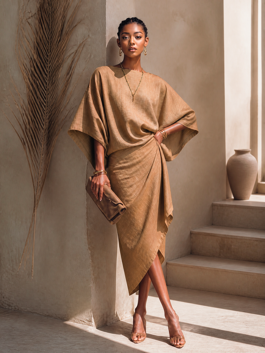 Women's Modern Minimalist Khaki Linen Blend Draped Asymmetric Short Sleeve Midi Dress