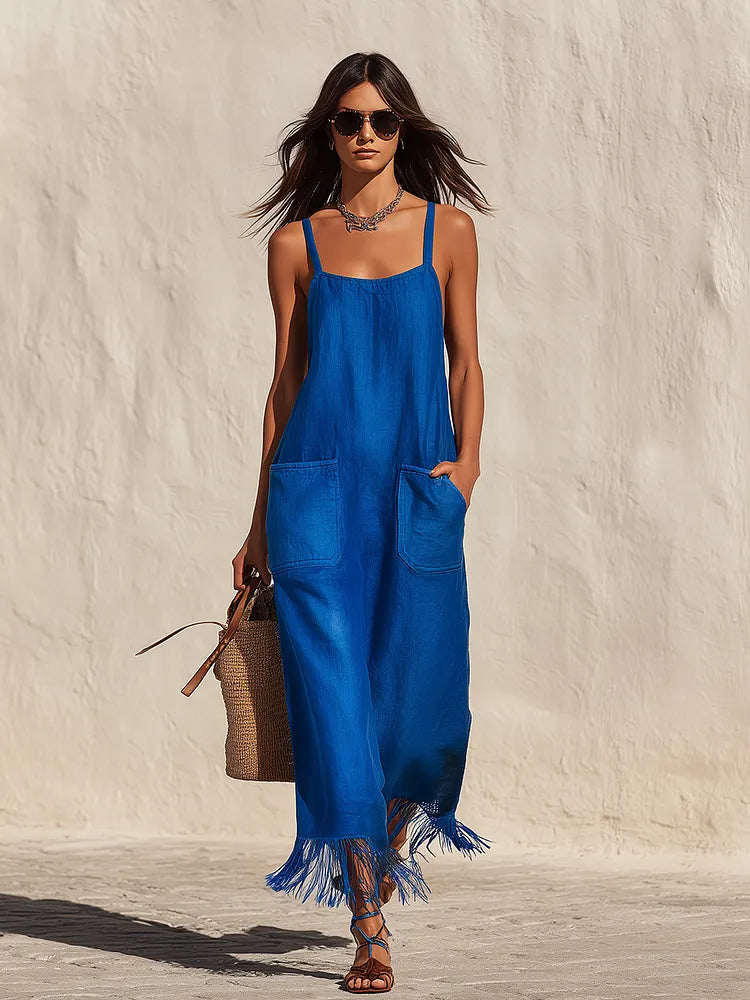 Minimalist Vacation-style Fringed Hem Linen Camisole Midi Dress