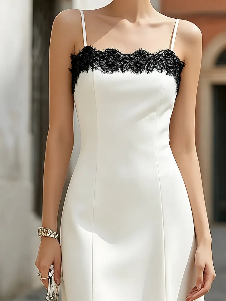 Lace Trim Spaghetti Strap Structured Midi Dress