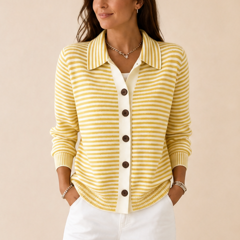 Wearbella – Striped Collared Button-Front Cardigan