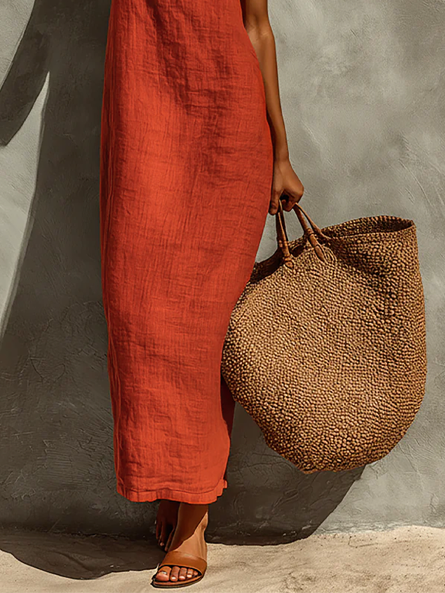 Women's Red Cotton Dress With Spaghetti Straps & Square Neck, Timeless Boho-Resort Style Dress