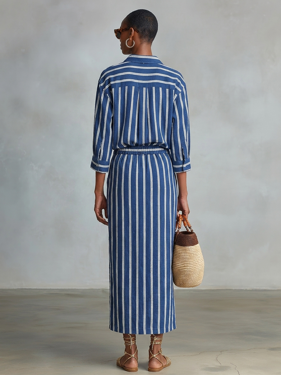 Women's Royal Blue White Stripe Cotton-Blend Co-Ord With Button Front Blouse & Elastic Waist Straight Maxi Skirt, Effortless-Chic Summer Daily Outfit