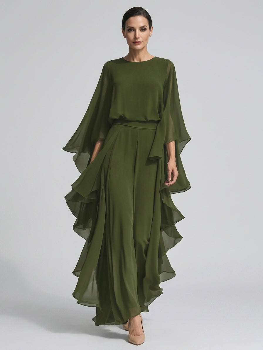 Women's Flowy Ruffle Sleeve Top and Wide-Leg Pants Two-Piece Set
