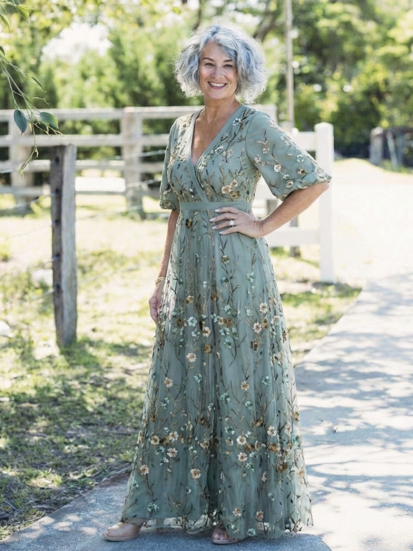 Evadne | Robe longue brodée à col en V
