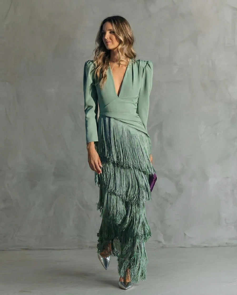 Clara™ | Elegantní midi šaty s třásňovými rukávy