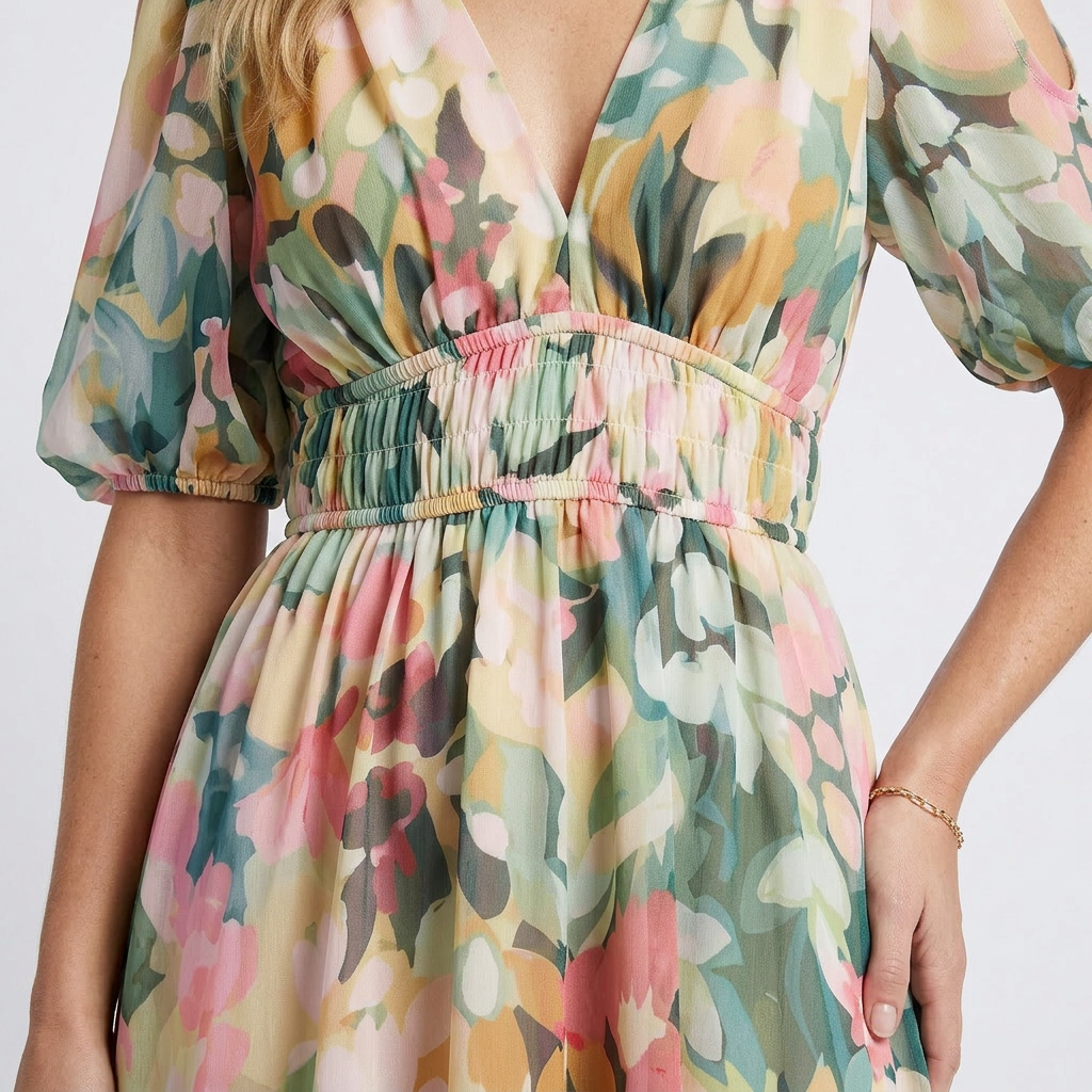 Eulalie | Robe midi à col en V, manches courtes et taille froncée