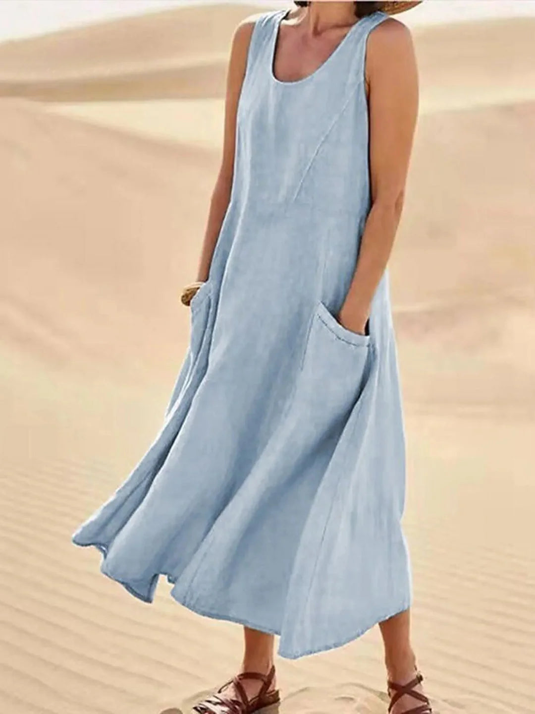 Women Sleeveless Sundress Elegant Round Neck Cotton Linen Solid Long Tank Casual Summer Dress