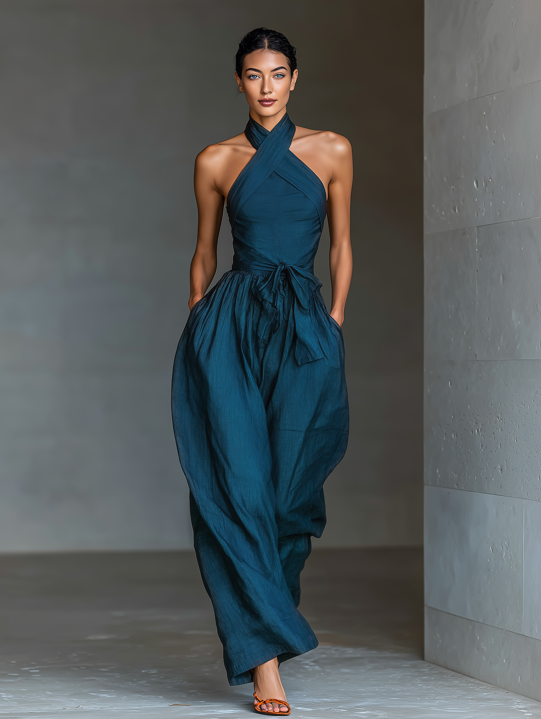 Women's Navy Blue Linen Fabric Cross Halter Wide-Leg Jumpsuit With Tie Waist & Side Pockets