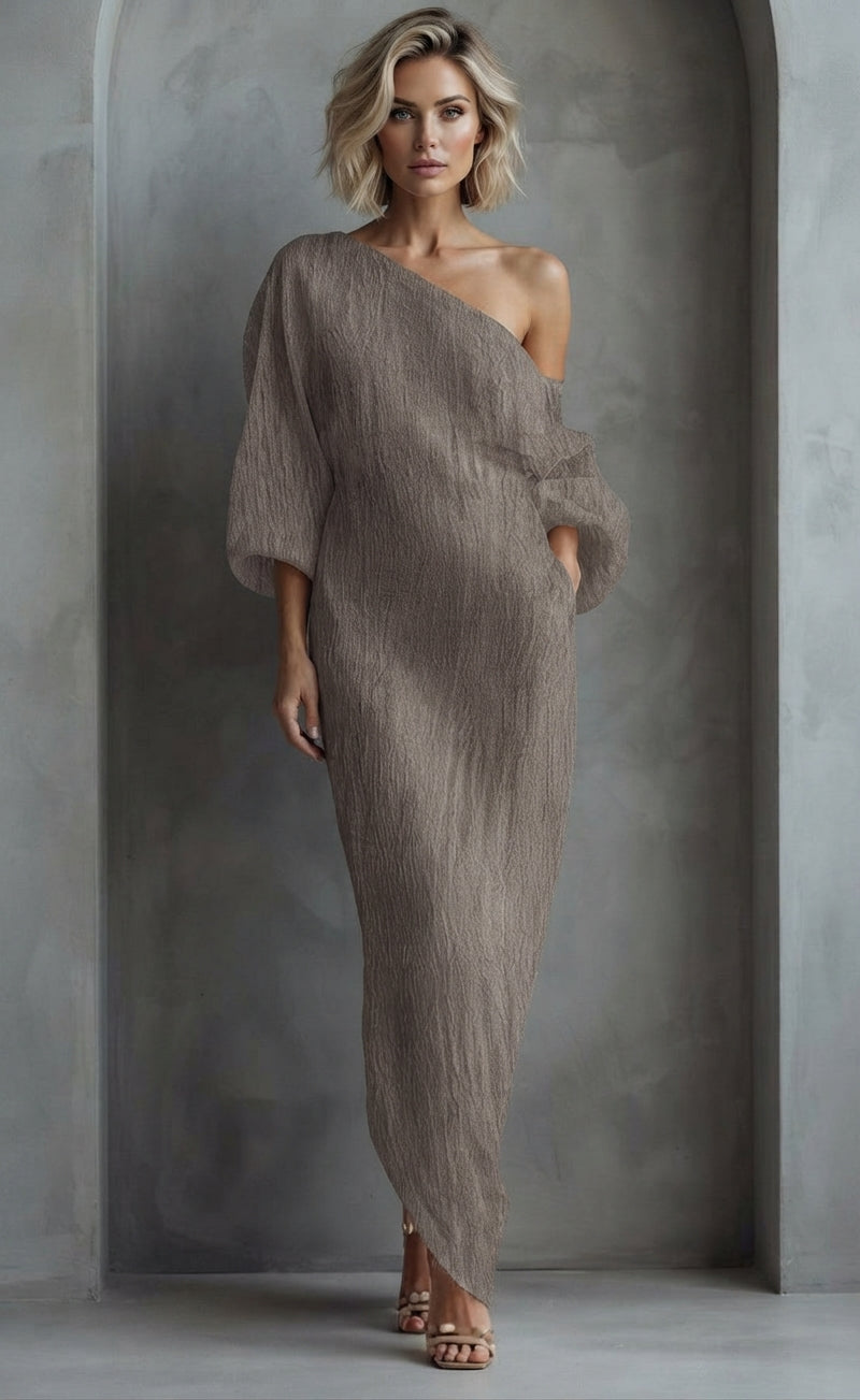 Women's Ivory White Cotton-Linen Blend One-Shoulder Flowing Elegant Dress