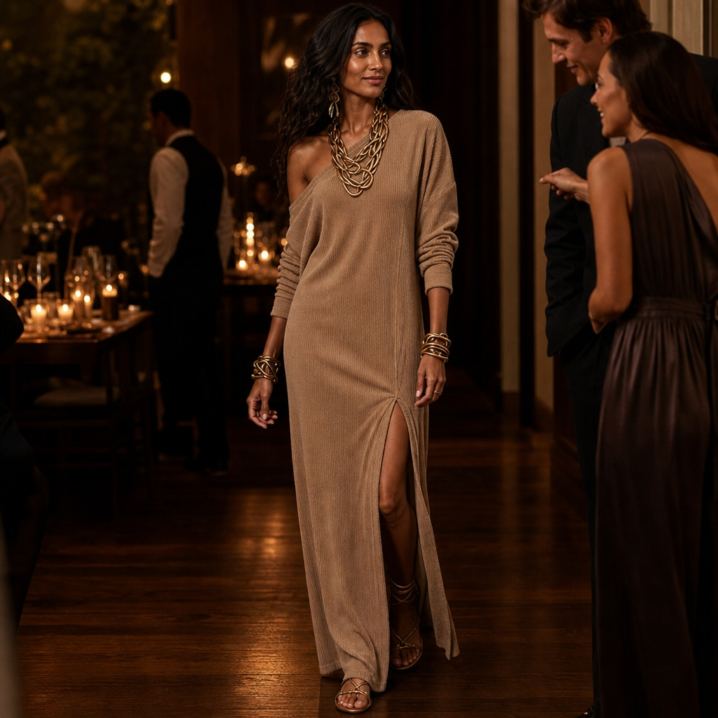Vaelora – One-Shoulder Ribbed Thigh-Slit Maxi Dress