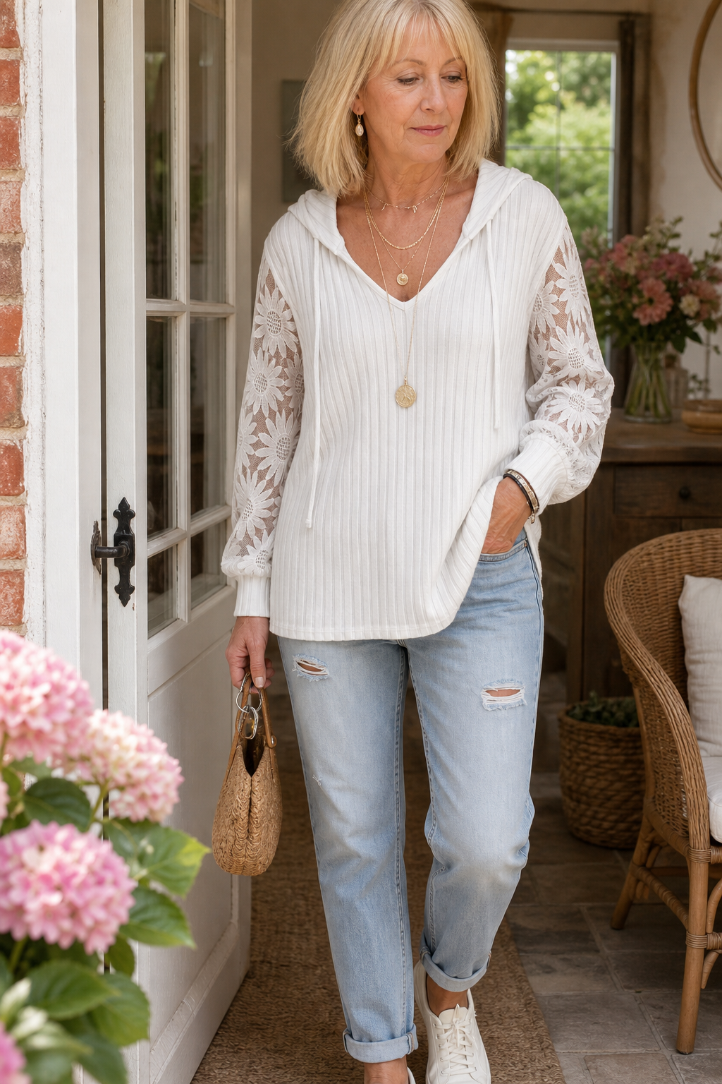 Lunetta – Lace-Look Sleeve Ribbed Knit Hoodie Cardigan