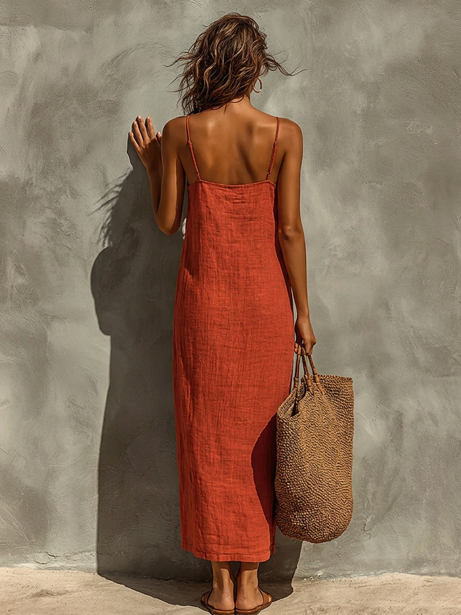 Women's Red Cotton Dress With Spaghetti Straps & Square Neck, Timeless Boho-Resort Style Dress