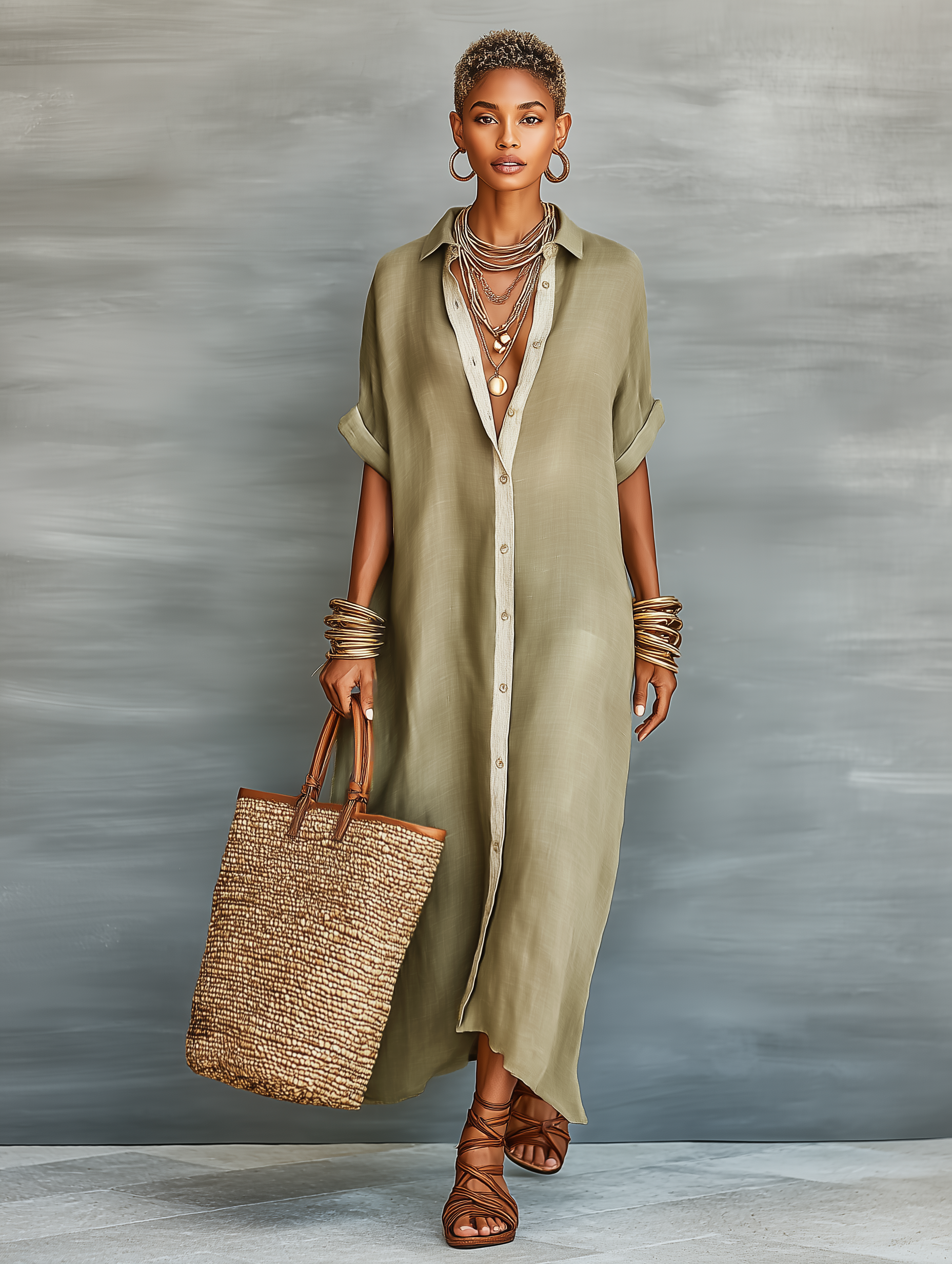 Women's Minimalist Linen Blend Short-sleeved Shirt Maxi Dress