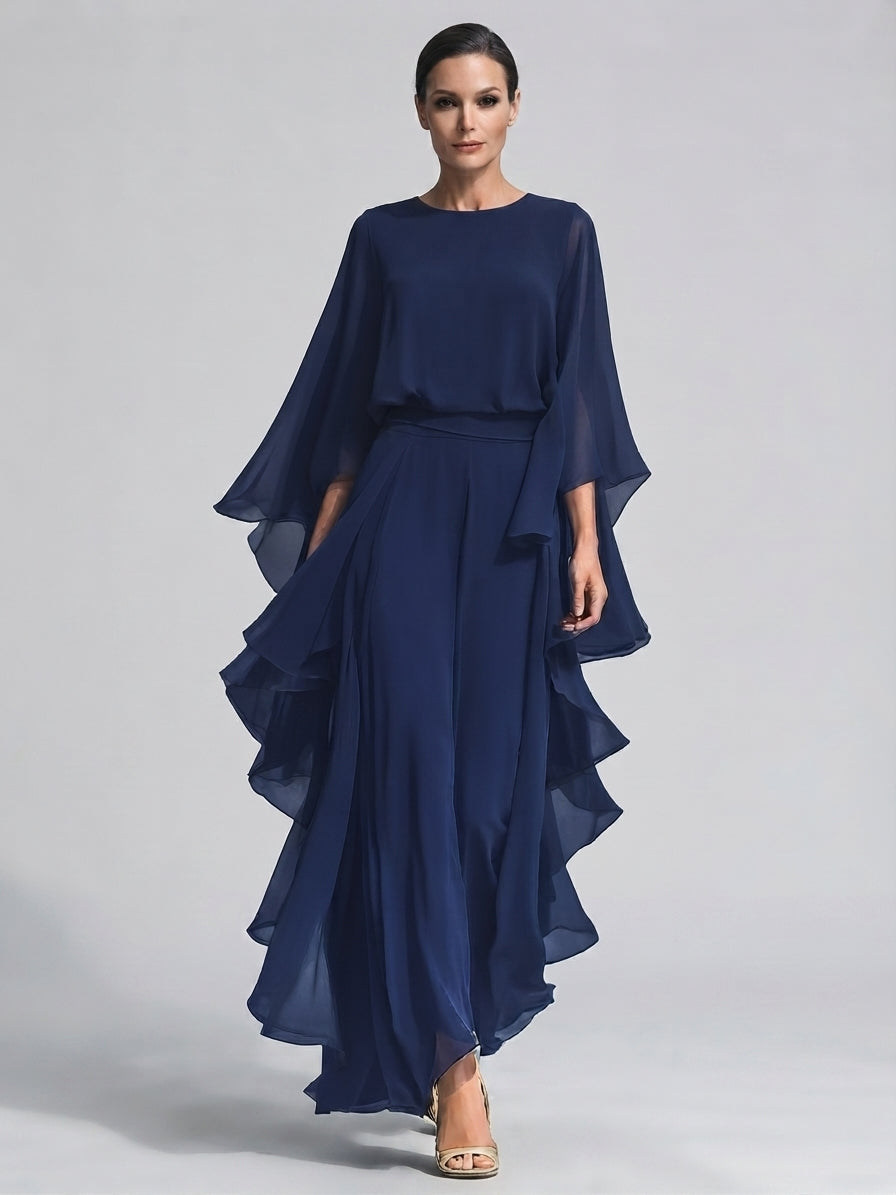 Women's Flowy Ruffle Sleeve Top and Wide-Leg Pants Two-Piece Set