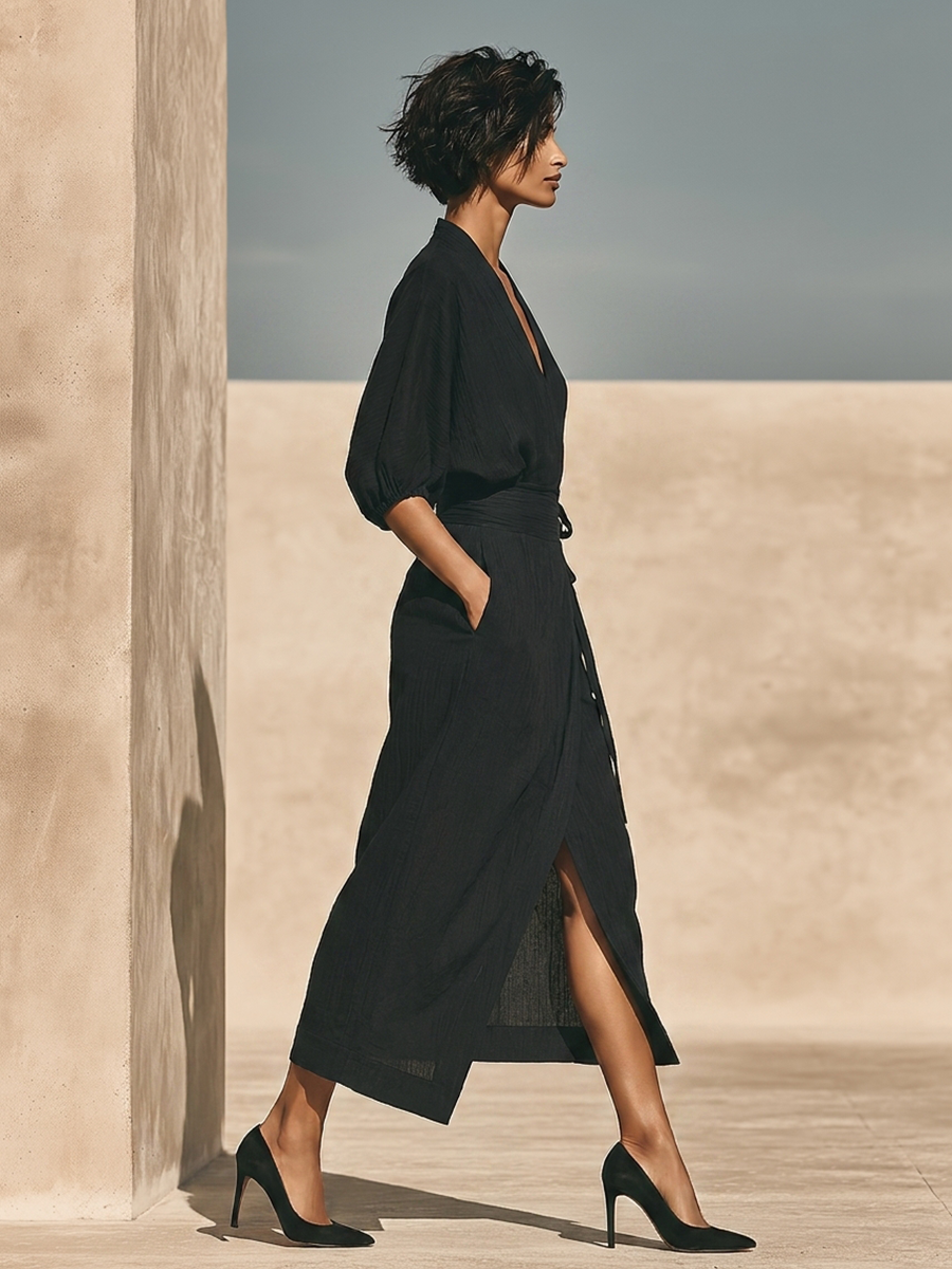 Women's Black Textured Linen Blend Two Piece Wrap Matching Set With Batwing Puff Sleeve Top & Tie Waist Wrap Midi Skirt, Minimalist Resort Elegant Outfit