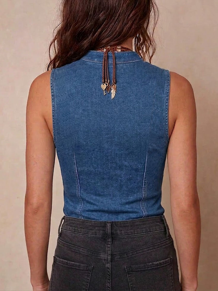 Women's V-neck Sleeveless Casual Loose Denim-paneled Top