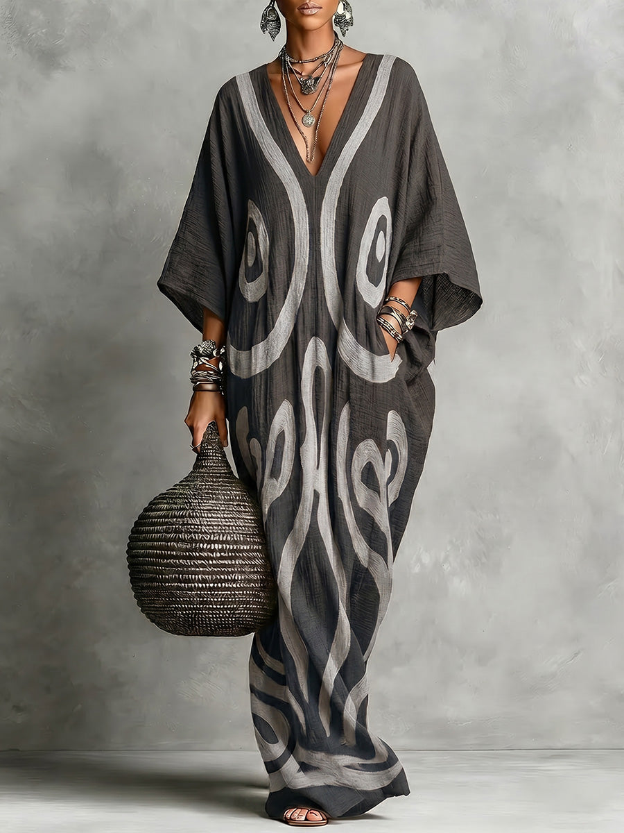 Women's Bohemian-style V-neck Long-sleeve Dress