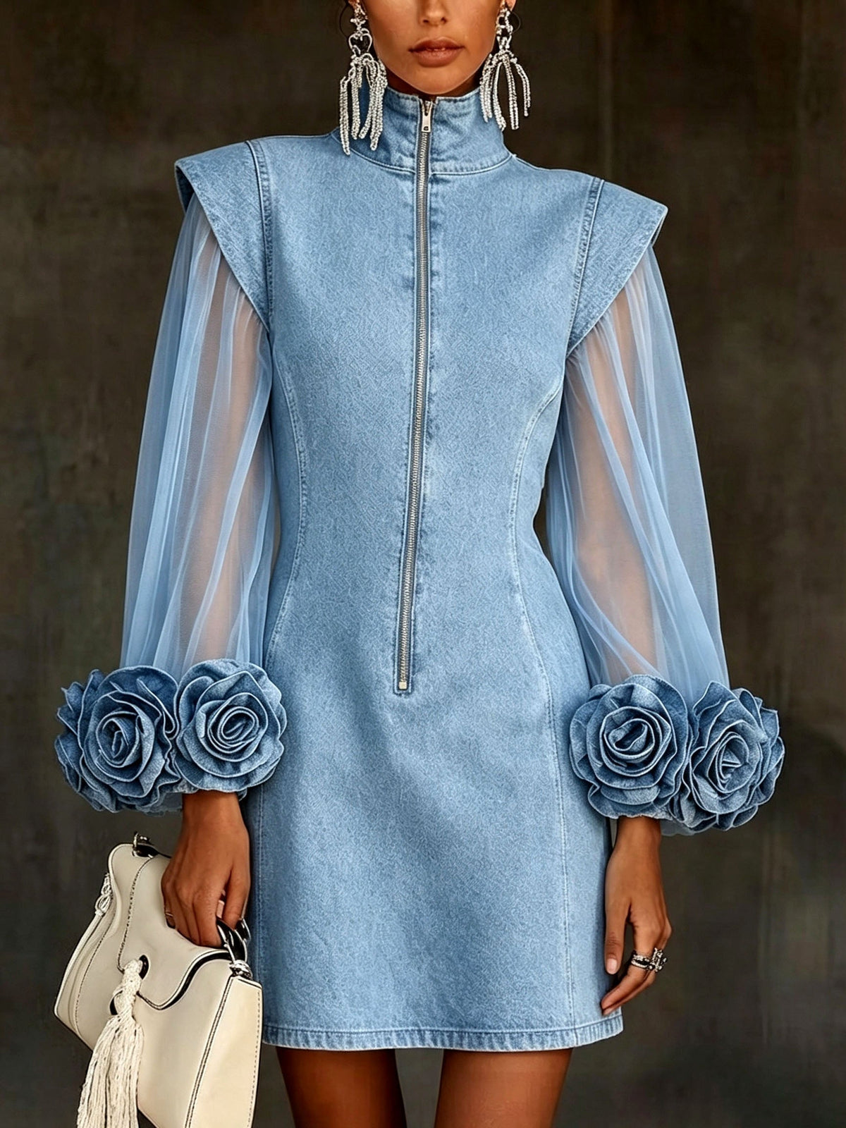 Amelie - Structured Sheer-Sleeve Mini Dress