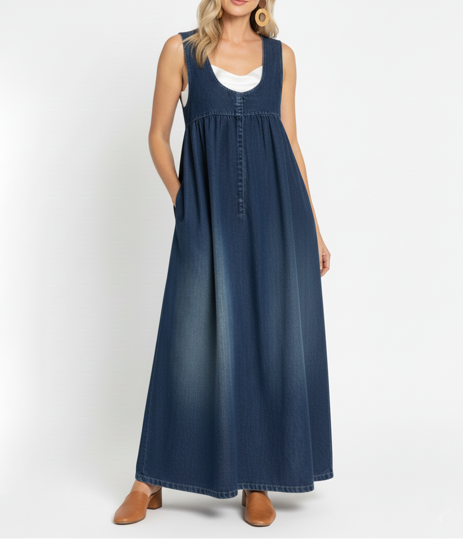 Miranda - Vintage Washed Soft Cotton Feel Denim Maxi Dress