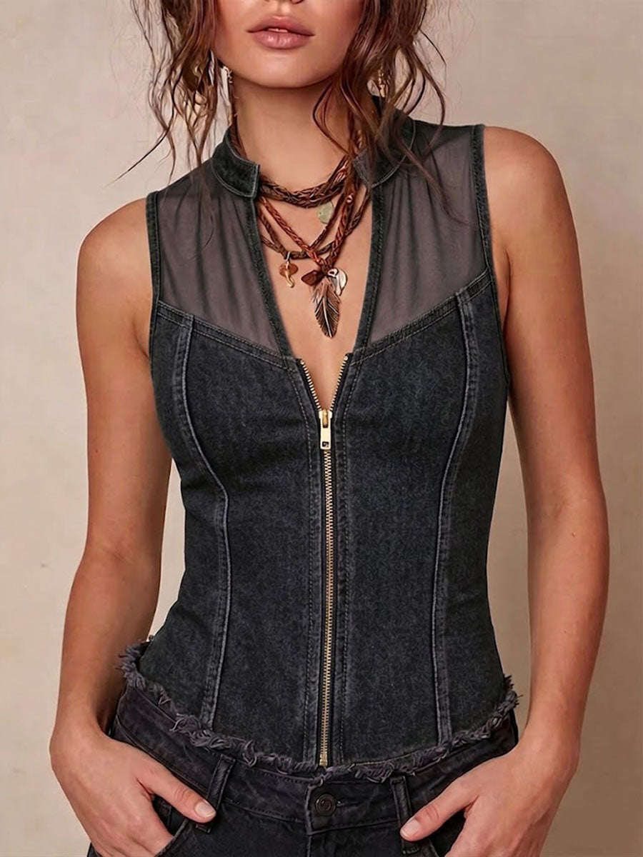 Women's V-neck Sleeveless Casual Loose Denim-paneled Top