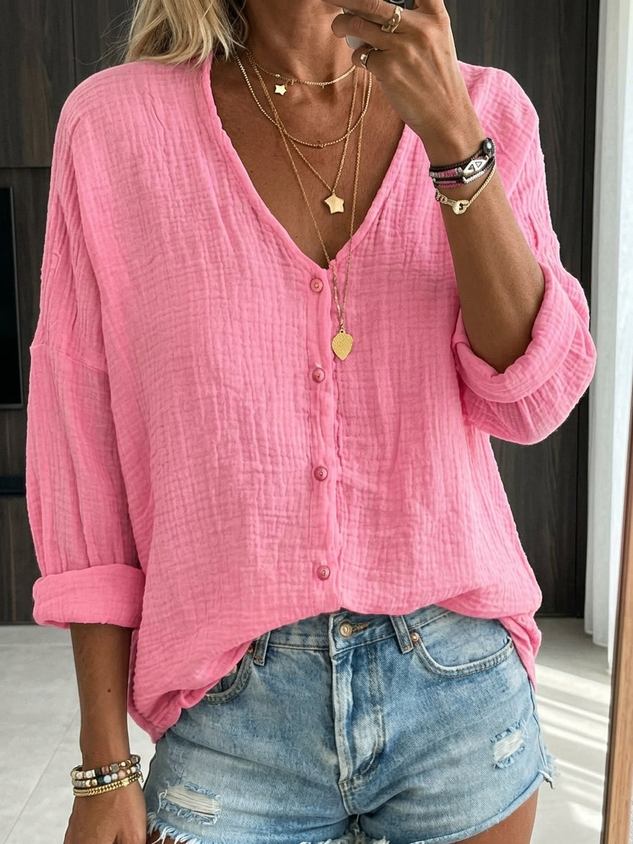Women's Cotton Linen Loose V-Neck Button Front Solid Color Long-sleeved Shirt
