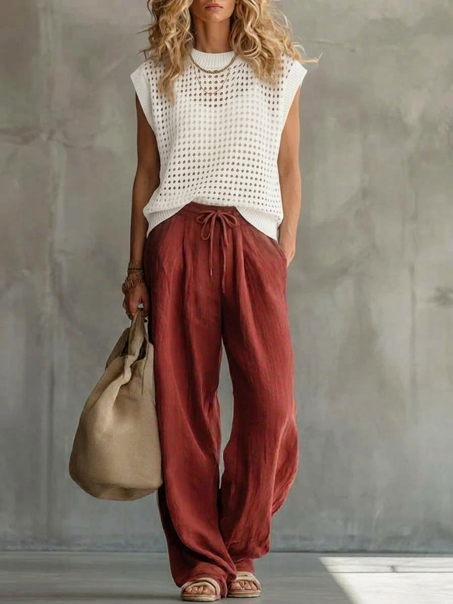 Casual Knitted Pullover Top And Linen-cotton Trousers Two-piece Set