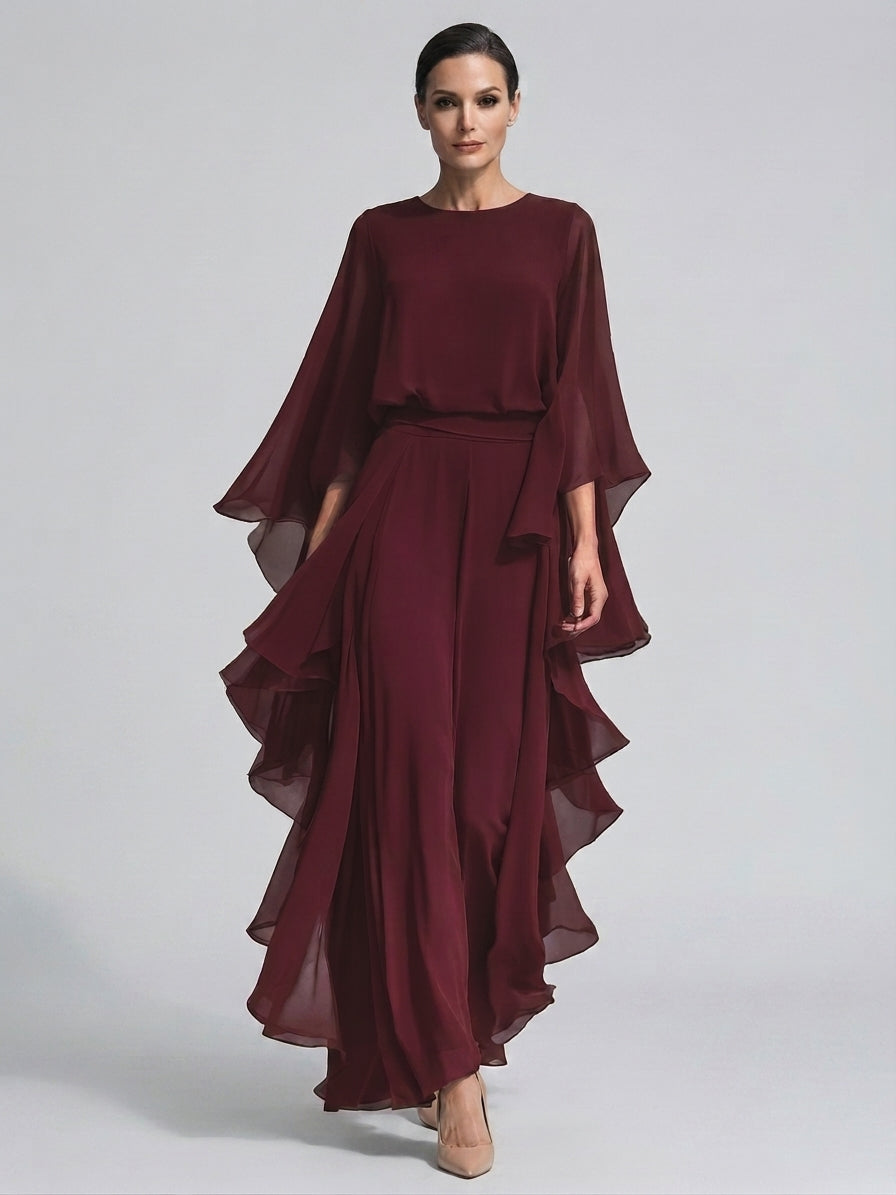 Women's Flowy Ruffle Sleeve Top and Wide-Leg Pants Two-Piece Set