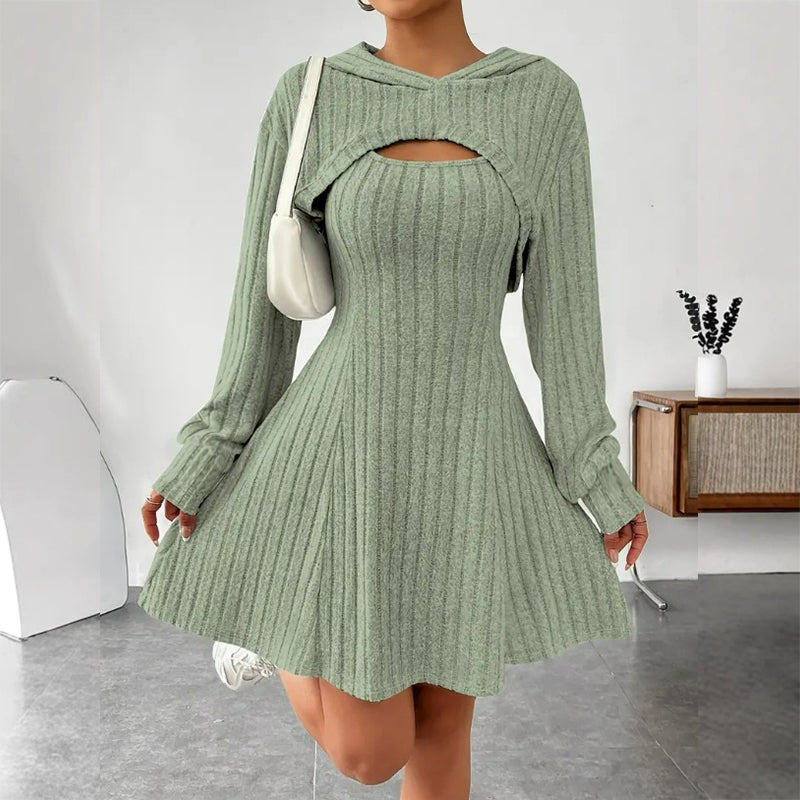 Mirellia - Hooded Cutout Knit Mini Dress