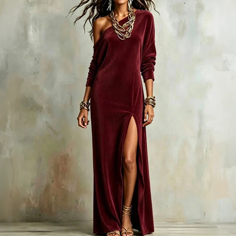 Vaelora – One-Shoulder Ribbed Thigh-Slit Maxi Dress