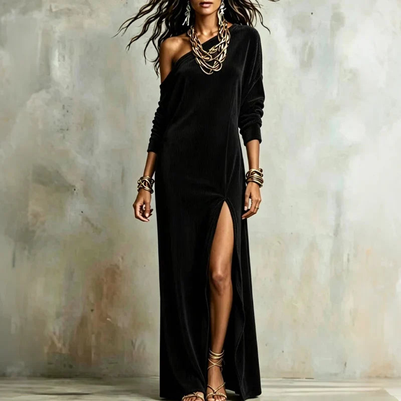 Vaelora – One-Shoulder Ribbed Thigh-Slit Maxi Dress