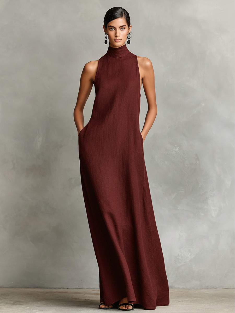 Women's Black Linen-Blend Maxi Dress With High Neck & Side Pockets, Timeless Minimalist Casual Dress