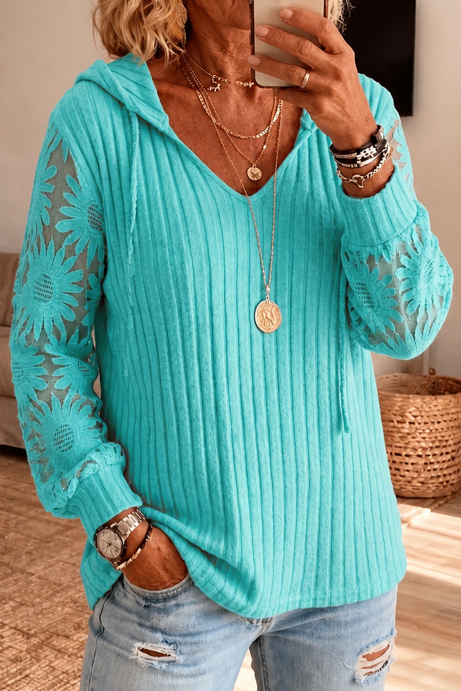 Lunetta – Lace-Look Sleeve Ribbed Knit Hoodie Cardigan