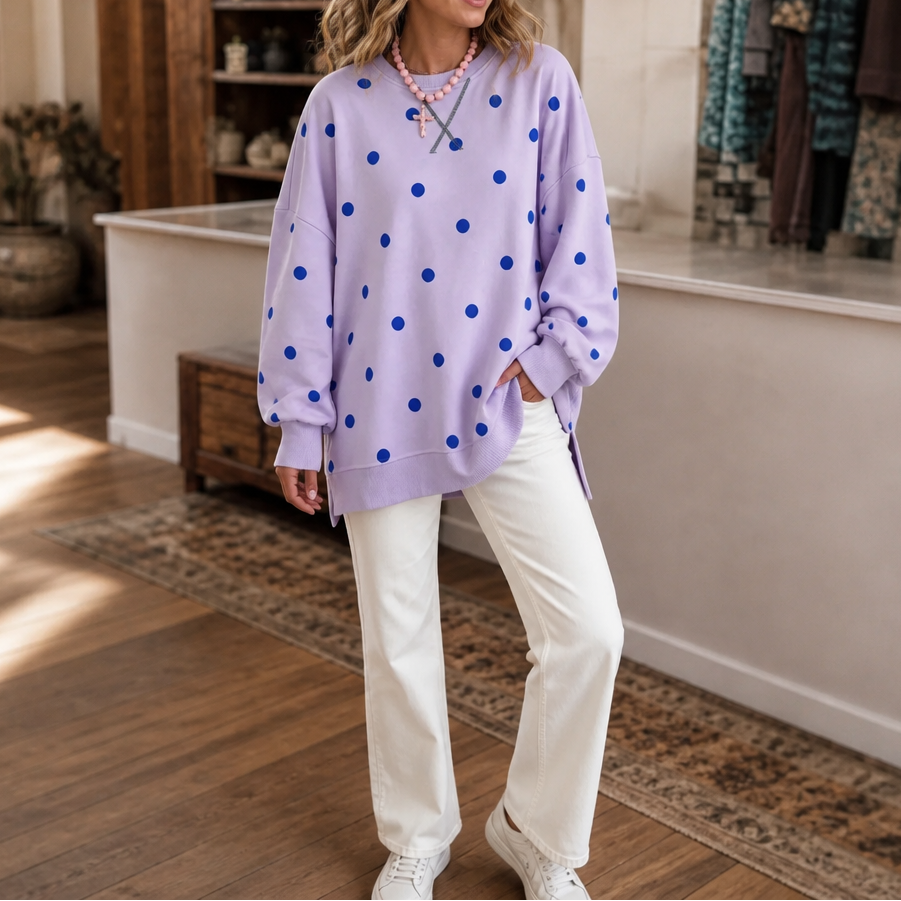 Sunbelle – Polka Dot Ribbon-Tie Neck Sweatshirt