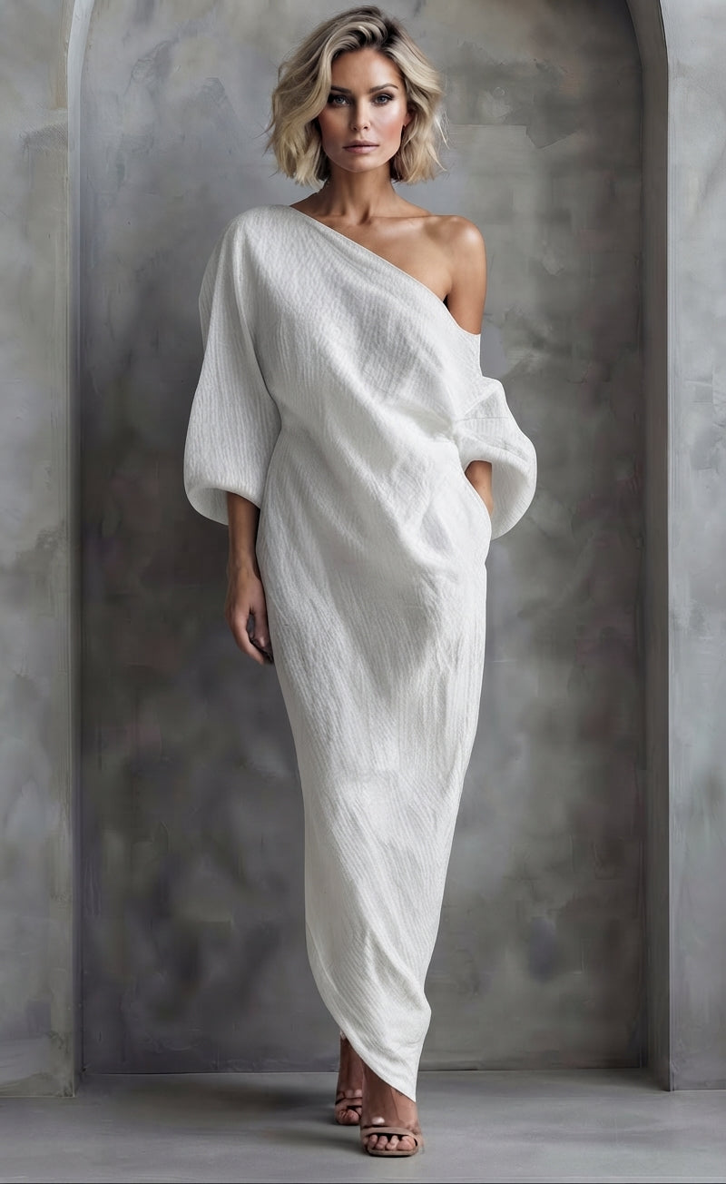 Women's Ivory White Cotton-Linen Blend One-Shoulder Flowing Elegant Dress