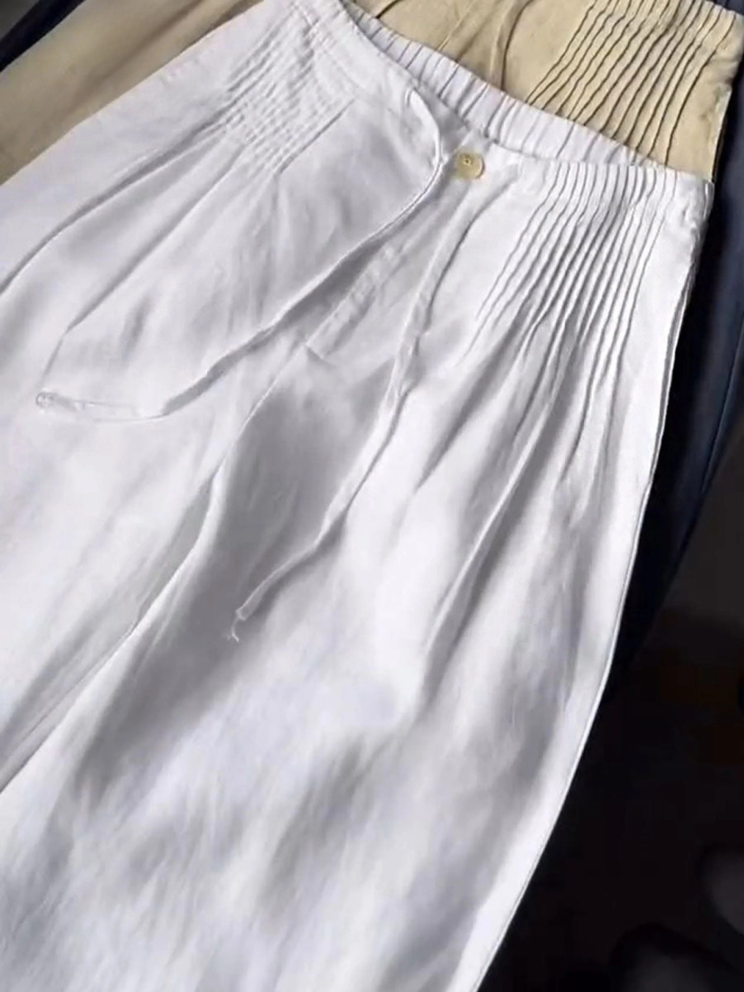 🔥Limited time promotion Women's Solid Color Pleated Drawstring Casual Cotton and Linen Wide Leg Pants